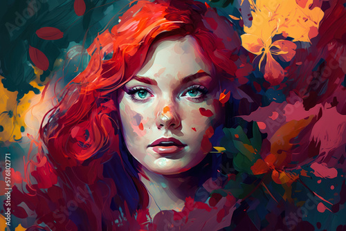 Abstract portrait of a Beautiful Woman with Red Hair and a Bold Floral Dress  generative ai