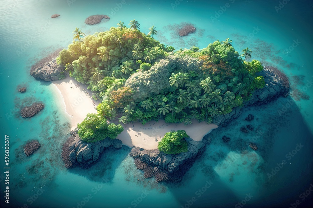 beautiful small tropical island aerial view surrounded by ocean, generative AI beautiful small tropical island aerial view surrounded by ocean, generative AI