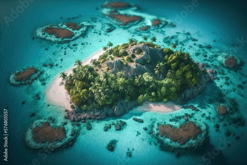 beautiful small tropical island aerial view surrounded by ocean, generative AI