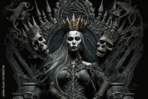 Fotografiet Dark queen of the underworld on a throne of bones, generative ai