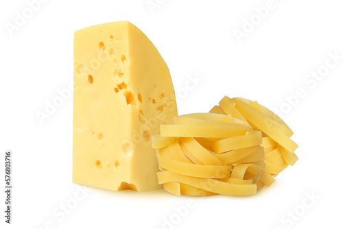Pasta and cheese on an isolated white background.