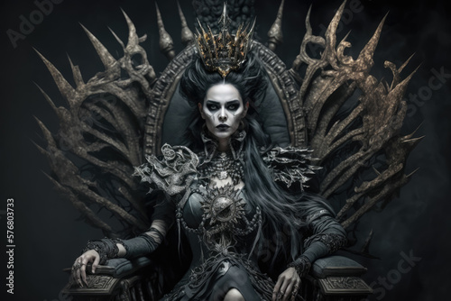 Fotografia Dark queen of the underworld on a throne of bones, generative ai