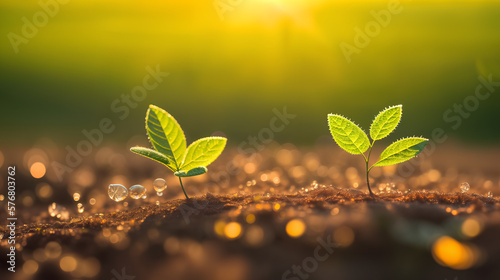 The first young green little sprouts of plants in the dew grow from the ground at dawn in the sunlight on a spring morning. Close up, macro. The concept of the origin of life. Generative AI. © Sergiy