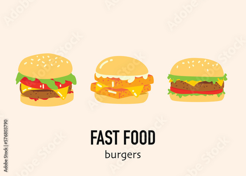 A set of three hamburgers with the words fast food on them.