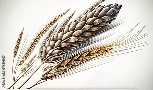  two stalks of wheat on a white background with a light reflection on the surface of the image and the image of the grain is in the foreground. generative ai