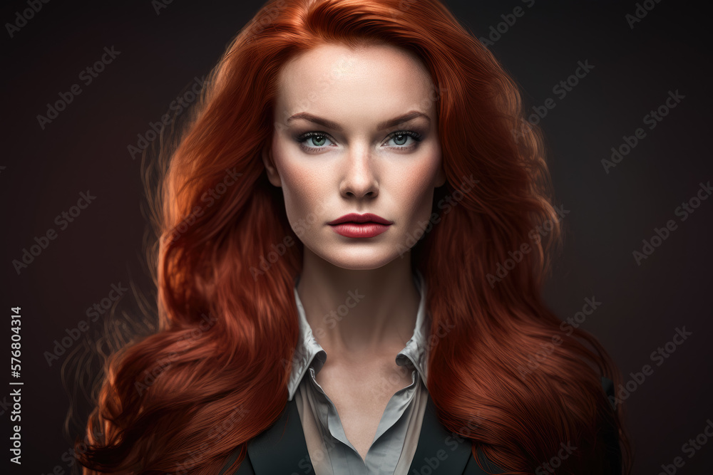 Enigmatic Business Woman with Long Flowing Red Hair, generative ai Enigmatic Business Woman with Long Flowing Red Hair, generative ai