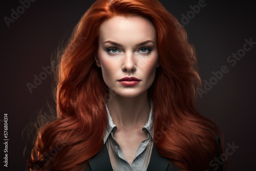 Enigmatic Business Woman with Long Flowing Red Hair, generative ai