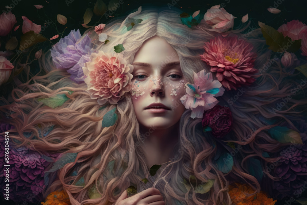 Flower Fairy surreal portrait of a woman with a flower crown and a dress made of blooming flowers, generative ai