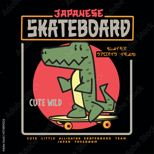 illustration of a crocodile skateboarding. print design for t shirts