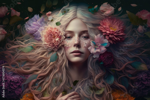 Flower Fairy surreal portrait of a woman with a flower crown and a dress made of blooming flowers, generative ai