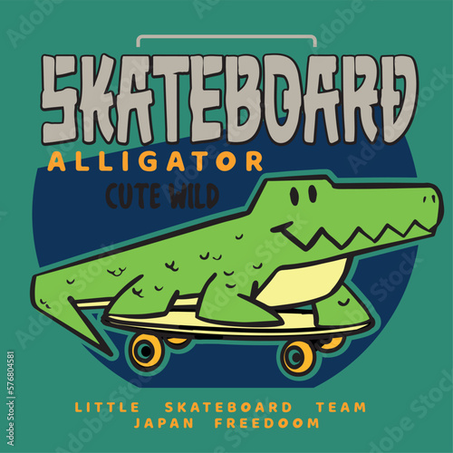 illustration of a crocodile skateboarding. print design for t shirts