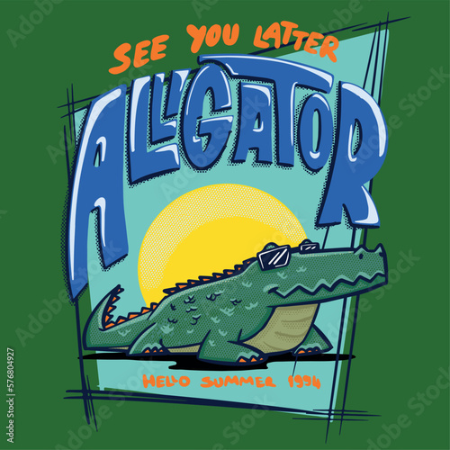 illustration of a crocodile summer print design for t shirts