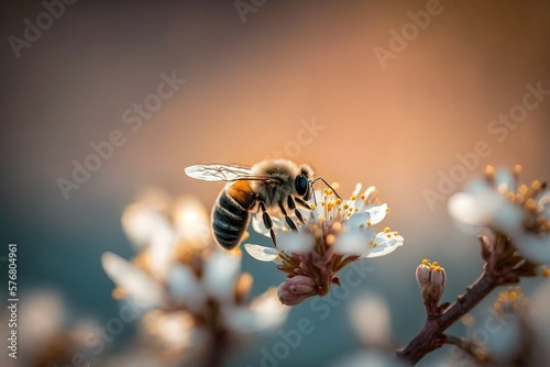 Spring time: Bee on the cherry blossom with gentle blurred background