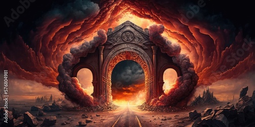 Road to hell through evil demonic arched gate entrance, infernal underworld of suffering and pain awaits the unrighteous souls, fiery burning flame fire storm of sheol - generative AI.