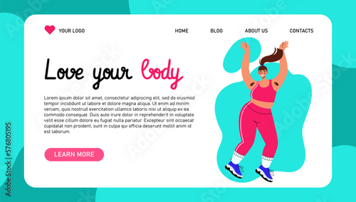 Attractive overweight woman with armpit hair. Happy body positive and love yourself concept. Landing page or web banner.