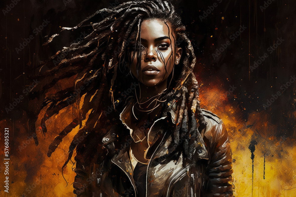 Intense and Powerful Abstract portrait of a Fierce Woman with Dreadlocks and a Leather Jacket, generative ai Intense and Powerful Abstract portrait of a Fierce Woman with Dreadlocks and a Leather Jacket, generative ai