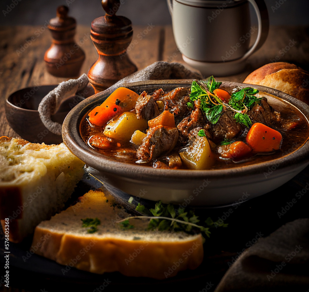 Beef stew portion in a big bowl on the rusty wooden table close-up view ...