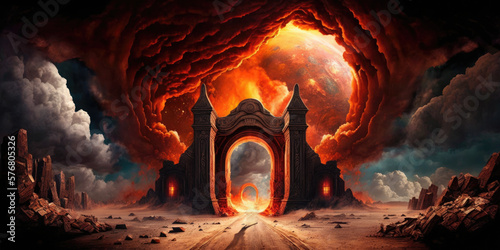 Road to hell through evil demonic arched gate entrance, infernal underworld of suffering and pain awaits the unrighteous souls, fiery burning flame fire storm of sheol - generative AI.