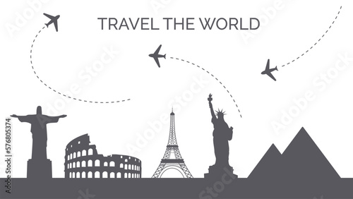 travel the world banner with landmarks silhouettes and flying airplanes