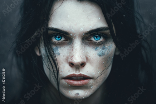 Introspective Portrait of a Pale Woman with Dark Hair and Piercing Blue Eyes, generative ai