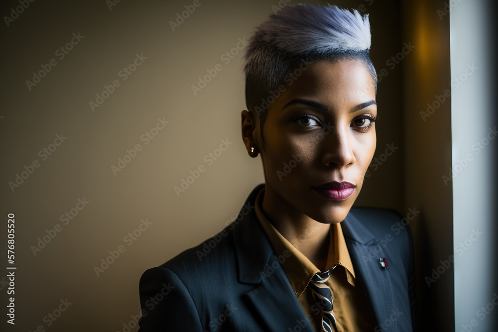Women in business: portrait of a beautiful CEO lady with stylish punk haircut in the office Women in business: portrait of a beautiful CEO lady with stylish punk haircut in the office