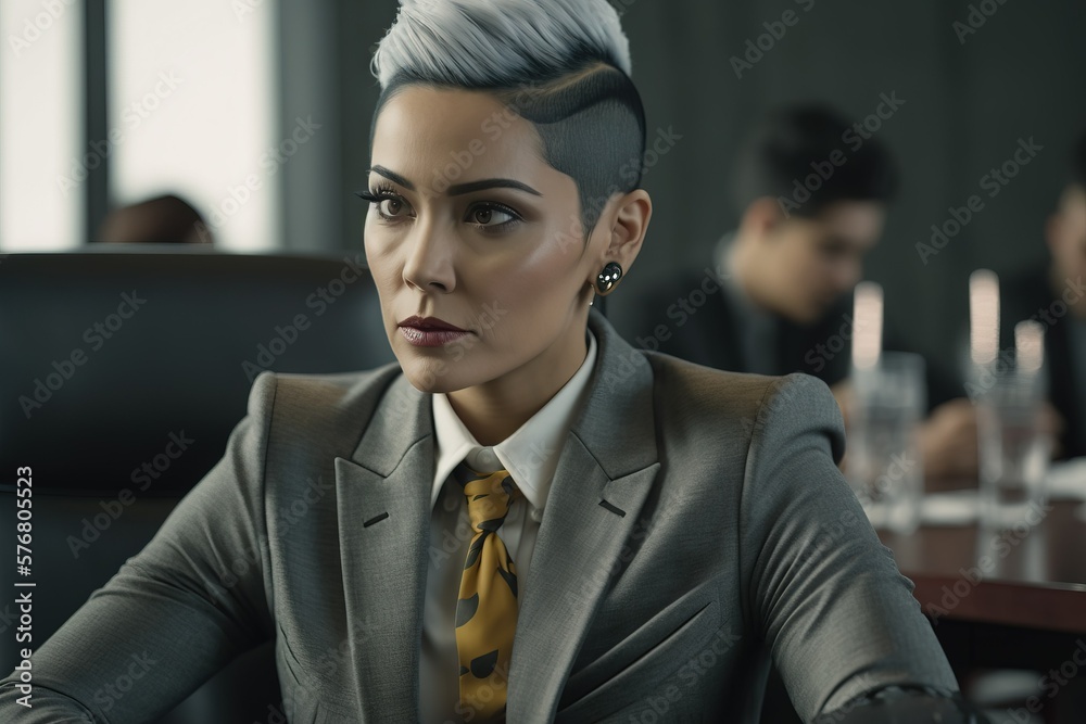 Women in business: portrait of a beautiful CEO lady with stylish punk haircut in the office Women in business: portrait of a beautiful CEO lady with stylish punk haircut in the office