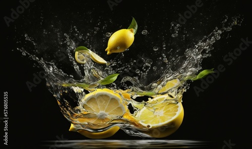  a splash of water with lemons and lemons on a black background with a splash of water on the top of the lemons.  generative ai