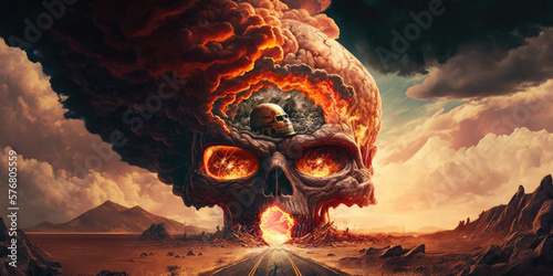 Road to hell through evil demonic skull gate entrance, infernal underworld of suffering and pain awaits the unrighteous souls, fiery burning flame fire storm of sheol - generative AI. photo