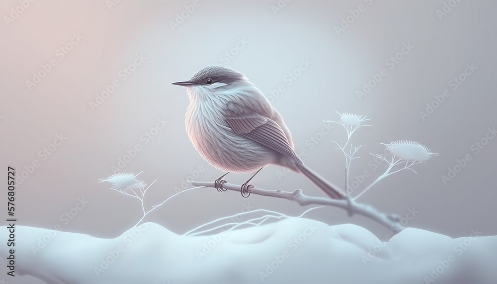  a small bird sitting on a branch with snow on the ground behind it and a sky background with a few white flowers in the foreground.  generative ai