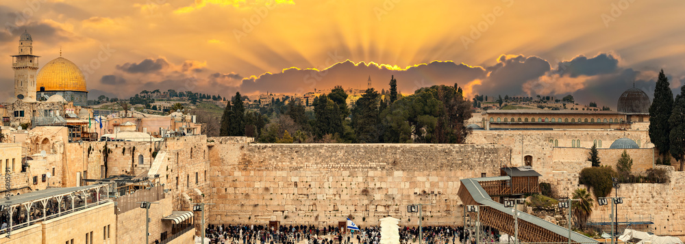 Naklejka premium Panorama. Ruins of Western Wall of ancient Temple Mount is a major Jewish sacred place and one of the most famous public domain places in the world, Jerusalem