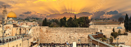 Panorama. Ruins of Western Wall of ancient Temple Mount is  a major Jewish sacred place and one of the most famous public domain places in the world, Jerusalem photo