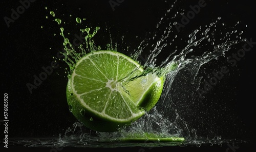  a lime is being splashed with water on a black background with a splash of water on the top of the lime and the bottom half of the lime is in the water. generative ai