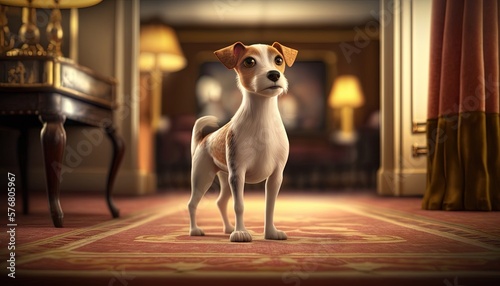  a cartoon dog standing in a room with a piano in the back ground and a chair in the back ground behind it and a lamp on a table in the background.  generative ai © Jevjenijs