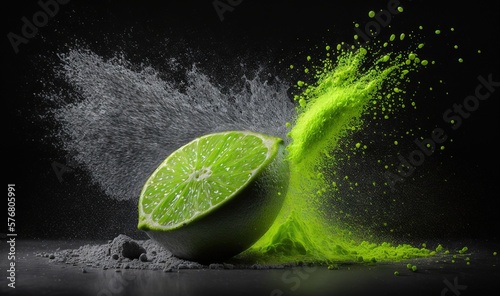  a lime being splashed with green powder on a black background with a splash of green on the side of the image and a black back ground. generative ai