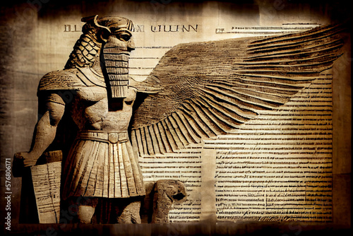 Ancient Sumerian text superimposed on papyrus texture and a winged statue of Lamassu, mythical Assyrian deity. Historical background on theme of Assyria, Mesopotamia, Babylon. Foreground sharpness. photo
