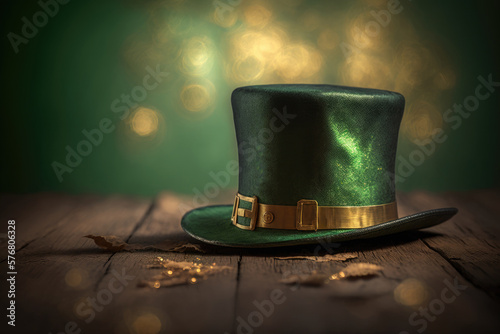 green hat of a Leprechaun, golden bokeh background, st patricks day concept illustration, generative ai photo