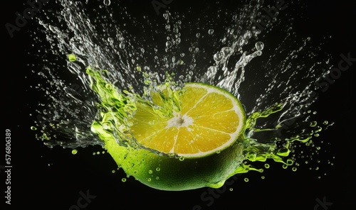 a lime is splashing into a glass of water on a black background with a splash of water on the top of the glass and the top of the glass.  generative ai