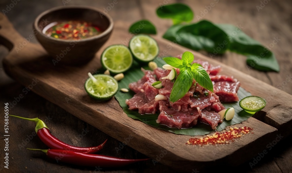 a wooden cutting board topped with meat and veggies next to a bowl of chili and limes on a wooden table with green leaves. generative ai a wooden cutting board topped with meat and veggies next to a bowl of chili and limes on a wooden table with green leaves. generative ai
