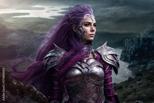 portrait of a beautiful Surreal woman with long purple hair and a silver armor outfit, standing on a cliff overlooking a vast fantasy landscape, generative ai