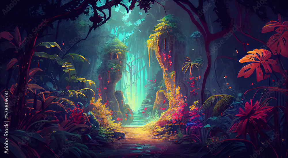 Virtual vibrant jungle forest. Neon-colored fairy river. Generative AI