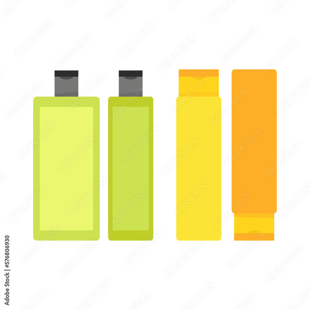 Set of green and yellow dog shampoo bottles Set of green and yellow dog shampoo bottles