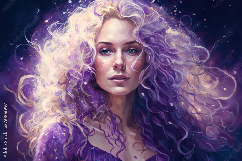portrait of a woman turning into stars with long curly blonde hair and a flowy purple dress, generative ai