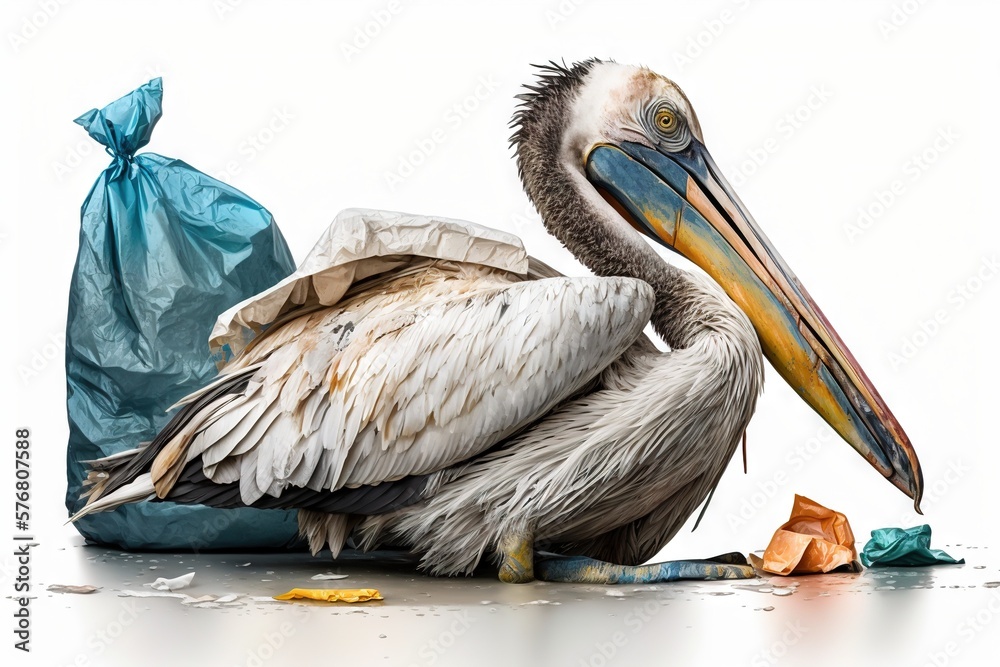 pelican stuck in plastic bag, pelican stuck in sea rubbish. Generative