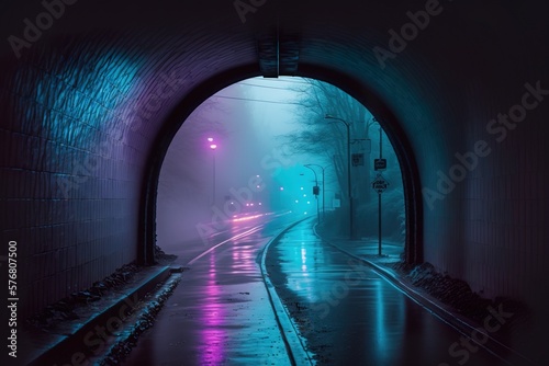 Perspective Neon Glow. Violet Blue Night city lights. Neon urban future. Rainy Futuristic city in a cyberpunk style. Wet road reflecting glowing neon lights. Photorealistic Generative AI illustration.