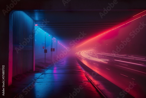 Perspective Neon Glow. Violet Blue Night city lights. Neon urban future. Rainy Futuristic city in a cyberpunk style. Wet road reflecting glowing neon lights. Photorealistic Generative AI illustration. © Valeriy