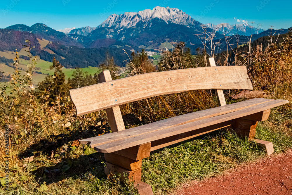 Details of a wooden bench at the famous Streuboeden summit, Fieberbrunn, Pillerseetal valley, Tyrol, Austria Details of a wooden bench at the famous Streuboeden summit, Fieberbrunn, Pillerseetal valley, Tyrol, Austria