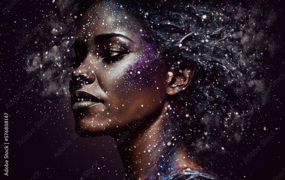 series of portrait showing a woman transforming into a constellation in the night sky, generative ai
