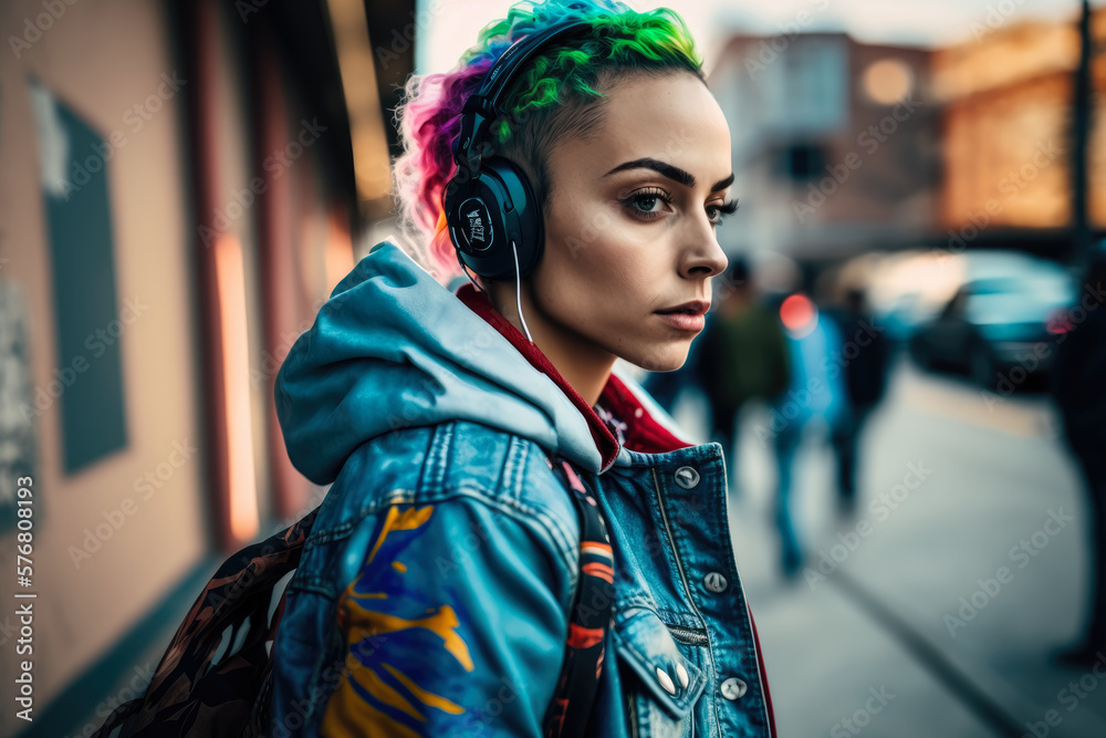 Street-style girl wearing colorful headphones and a denim jacket, generative ai