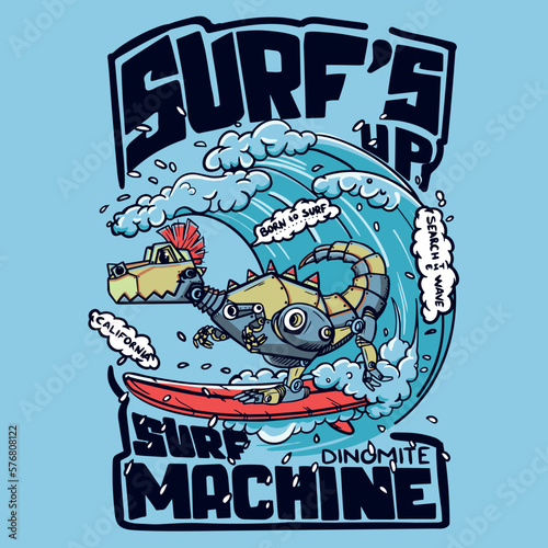 illustration of a robot dinosaur surfing. cyborg dino illustration