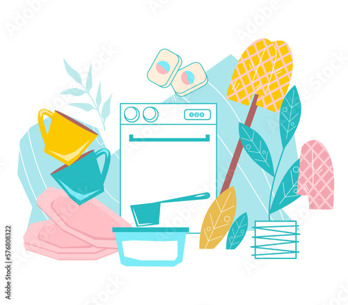 Detergents and household tools for cleaning and laundry, flat vector illustration isolated on white background. Household goods for hygiene, cleaning and kitchenware disinfection.